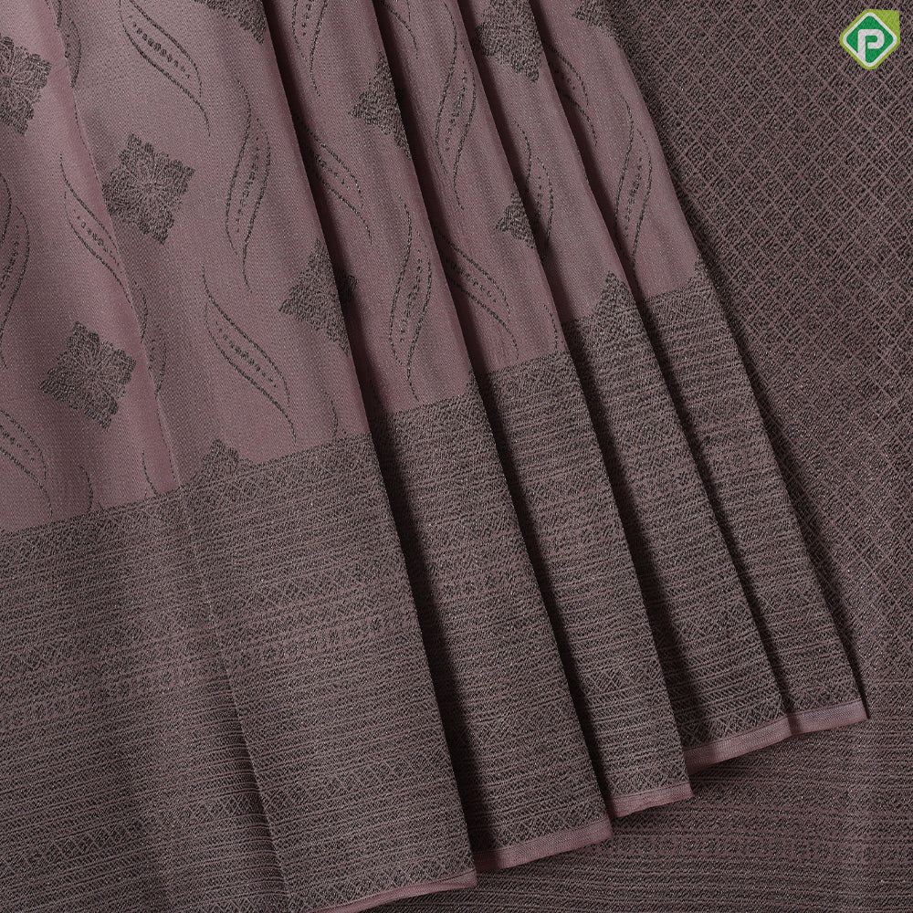 Peach elephant grey rangoli design self antique zari border trendy silk saree