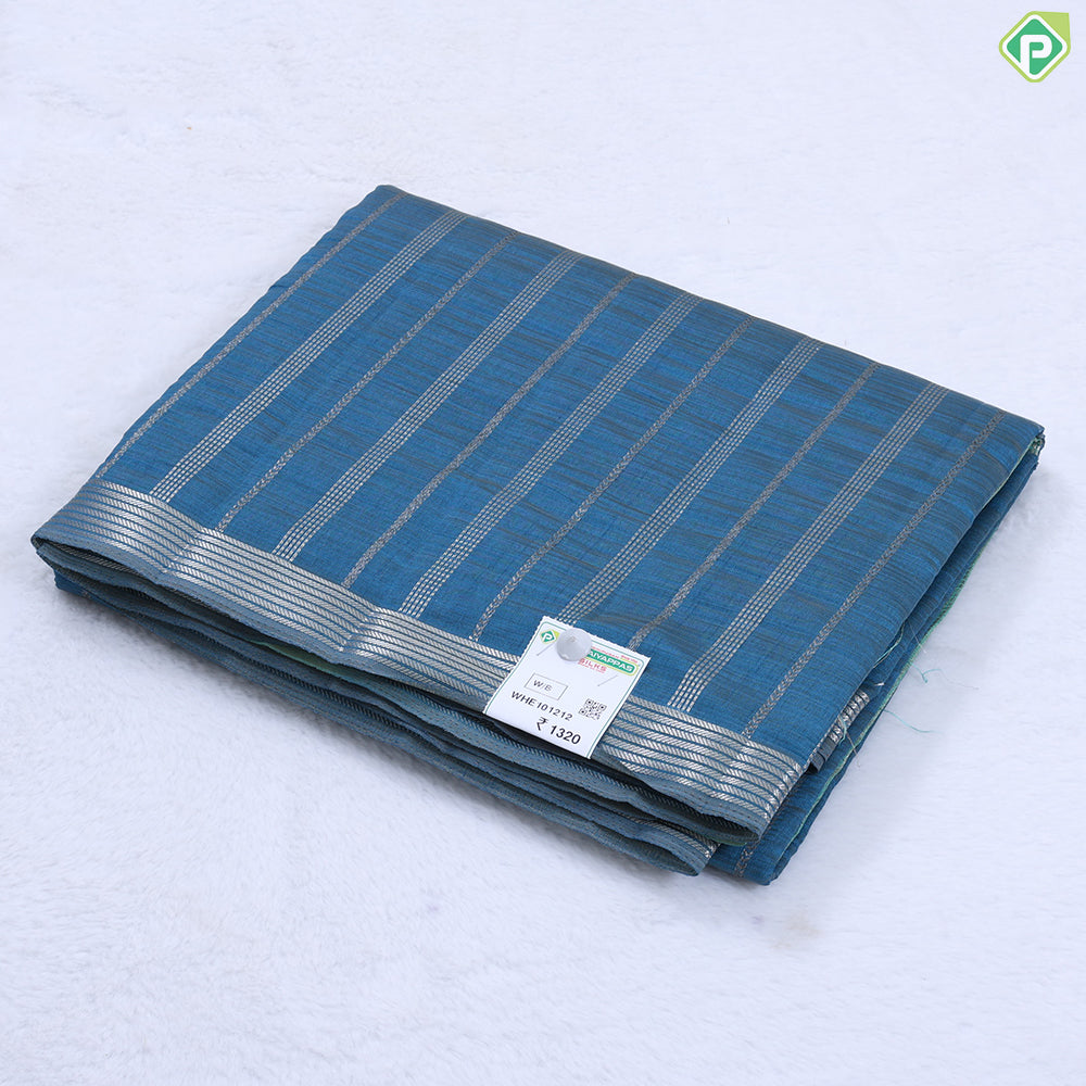 Peacock blue silver zari stripes and border trendy fancy chiffon saree