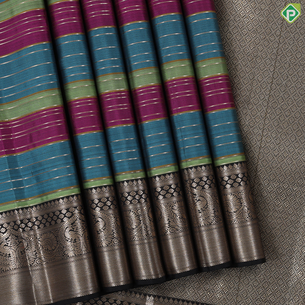 Tri color gold zari vairaoosi lines contrast luxury black gold zari double peacock arch border traditional silk saree