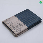 Dark color gold zari vairaoosi checks design cream deers printed fancy cotton saree