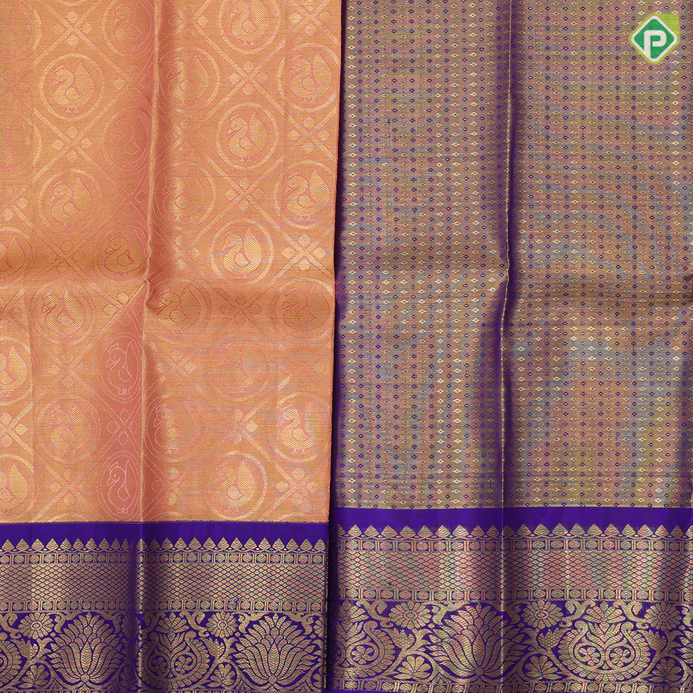 Light pink gold zari annam round butta checks design royal blue gold zari lotus border pattu paavadai lehanka