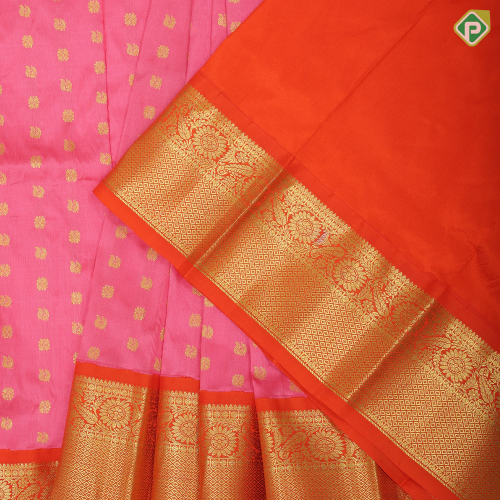 Peach pink gold zari annam flower butta design orange gold zari rangoli border pattu paavadai lahenka