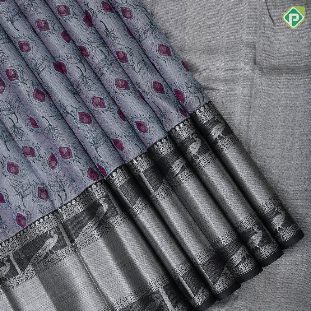 Gray Colour Thread Peacock Feather Design Black Colour Silver Zari Peacock Design Trending Fancy Silk Saree