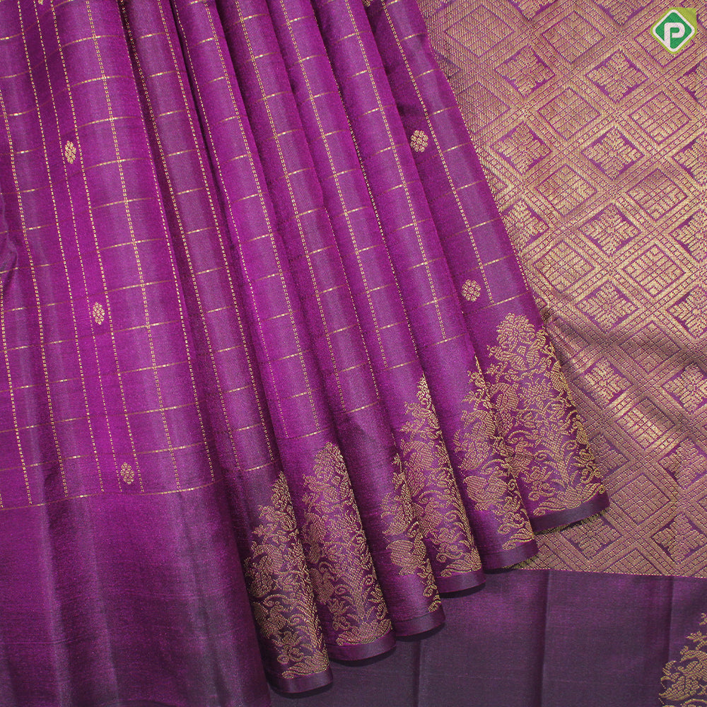Magenta Color Gold Zari Vaira Oosi Line And Small Motif Border Peacock Tree Butta Traditional Silk Saree