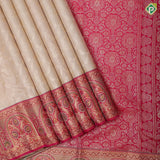 Half white silver gold zari grand floral design rani pink silver gold zari meena work arch design border grand bridal silk saree