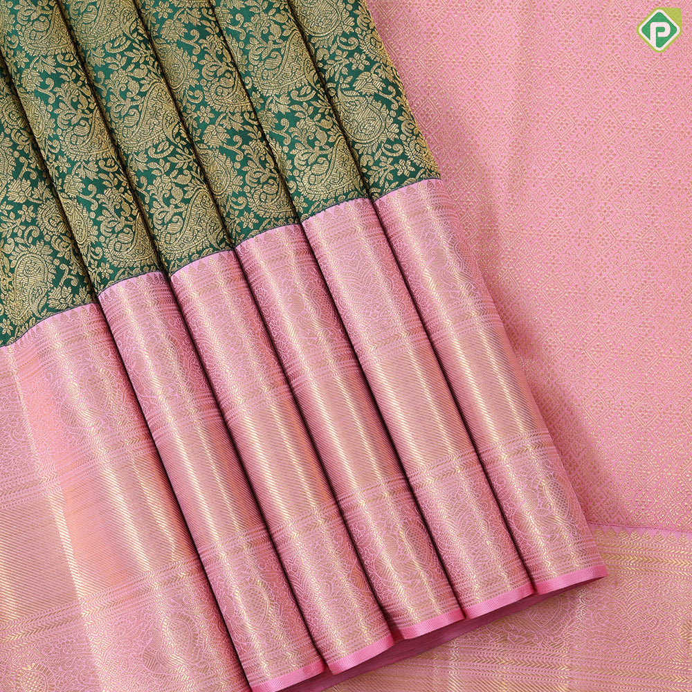 Dark green mango butta contrast light pink with gold zari mid bavanji border grand brocade bridal silk saree