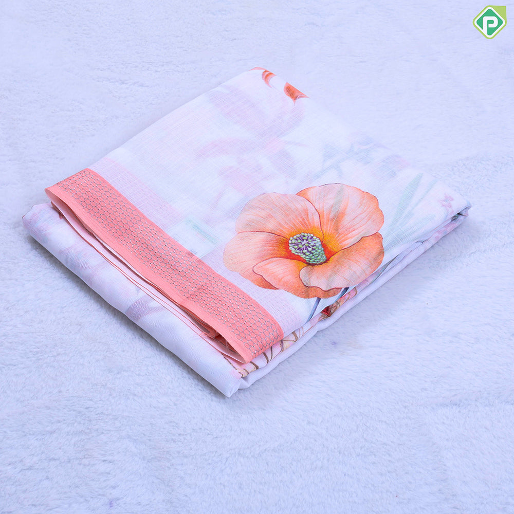 White base sea blue big flowers design contrast silver zari border linen cotton fancy saree