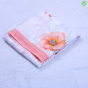 White base sea blue big flowers design contrast silver zari border linen cotton fancy saree