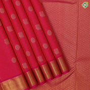 Pinkish red dual tone thread work and gold zari butta self gold zari mayilkan edge border traditional silk saree