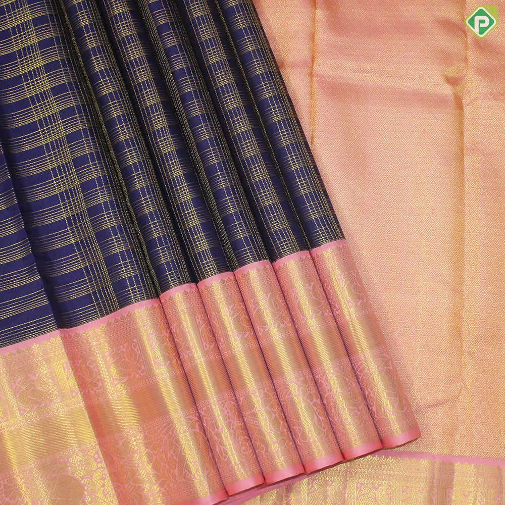 Navy Bule Gold Zari With Peach Pink Border Traditional Silk Saree