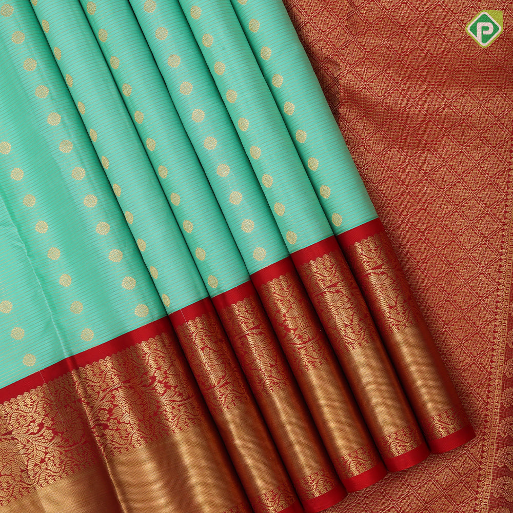 Pista green gold zari thousand butta design rani red gold zari floral border traditional silk saree
