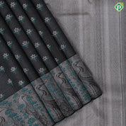 Luxury black base silver zari rama blue fancy flower butta silver grey rama blue flower and peacock design border signature tissue silk saree