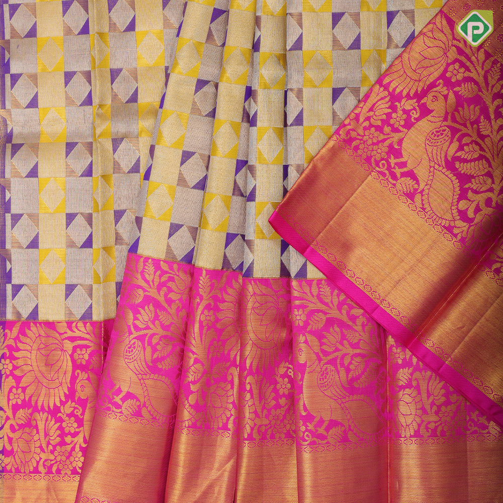Blue and yellow silver gold zari diamond tissue rose pink gold zari peacock border pattu paavadai lehanka