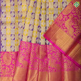 Blue and yellow silver gold zari diamond tissue rose pink gold zari peacock border pattu paavadai lehanka