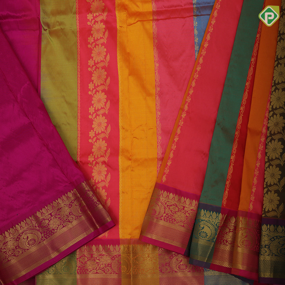 Multi color stripes and gold zari floral design contrast color gold zari creeper border pattu paavadai thavani 3 in 1 set