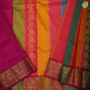 Multi color stripes and gold zari floral design contrast color gold zari creeper border pattu paavadai thavani 3 in 1 set