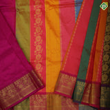 Multi color stripes and gold zari floral design contrast color gold zari creeper border pattu paavadai thavani 3 in 1 set