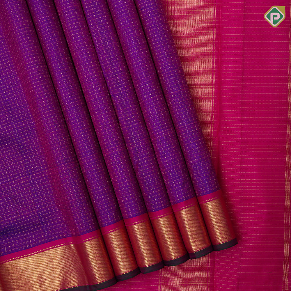 Purple gold zari vairaoosi checks design rani pink gold zari bavanji green edge border 9 yards madisar silk saree