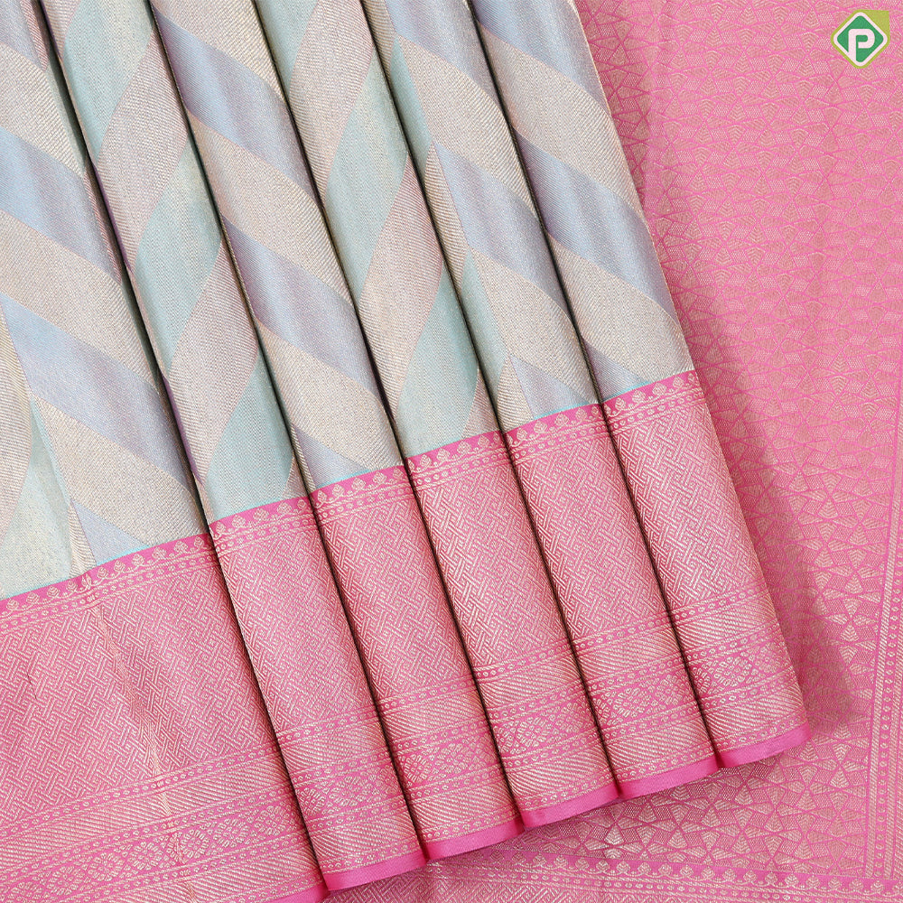 Dark lavender silver gold zari arrow line design beige silver gold zari spin weave design Trendy silk saree