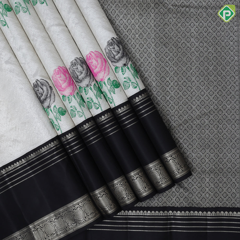 silver zari by zari tissue multi color rose meena work design Black silver zari border bridal tissue silk saree