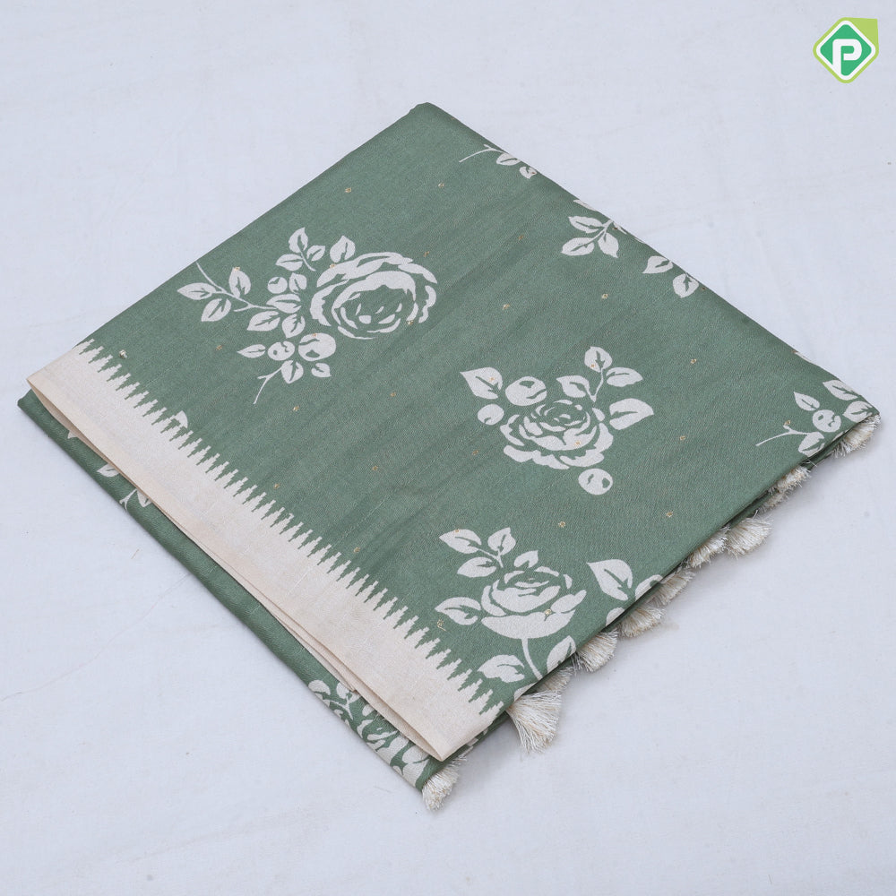 trending colors cream printed flower design white temple border semi tusser saree