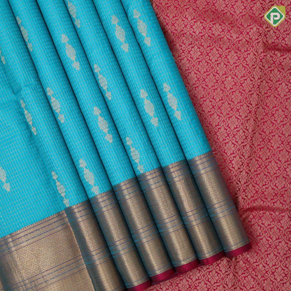 rama blue gold zari vairaoosi and fancy butta design rani pink gold zari border traditional silk saree