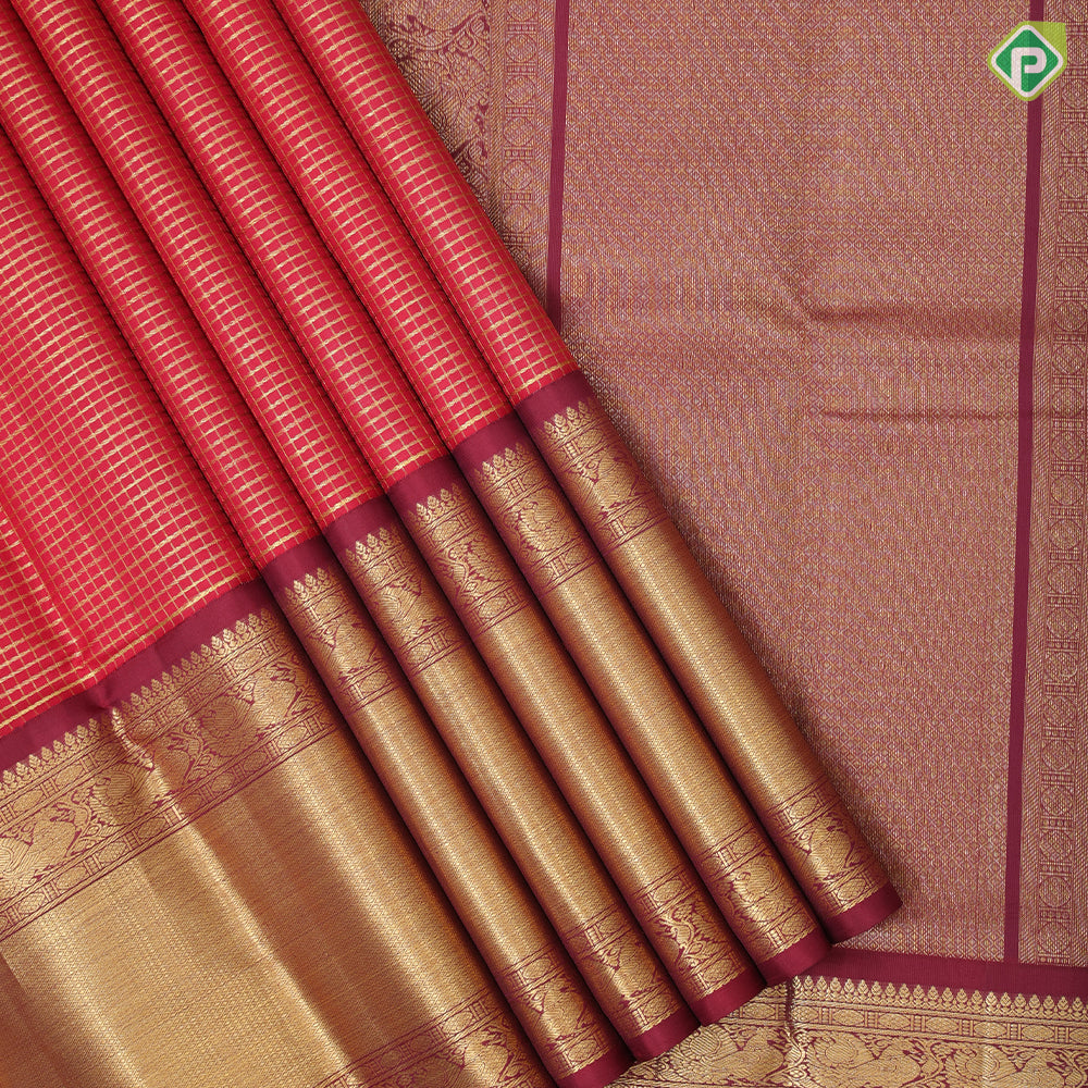 Maroon gold zari vairaoosi checks window panel design self gold zari diamond butta border traditional silk saree