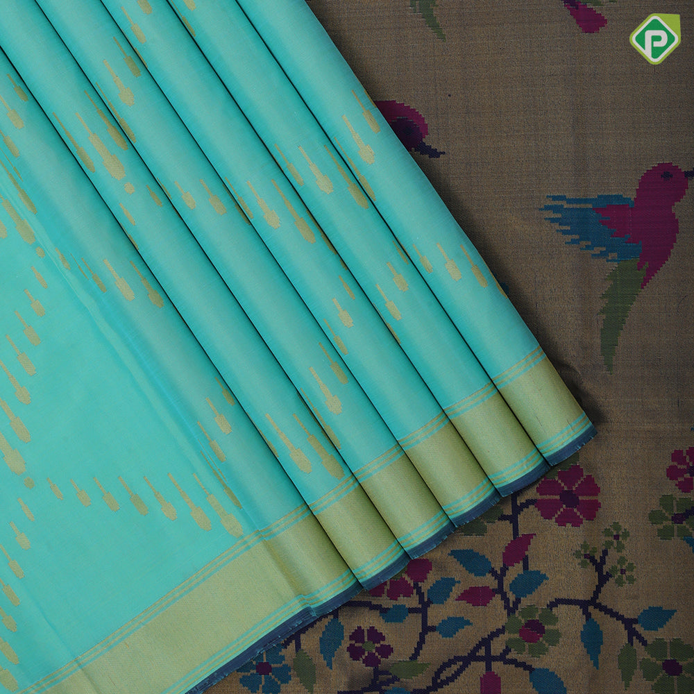 Sea green gold zari organized rain drop tissue weaved self gold zari edge border pythonic border pallu concept signature edition silk saree