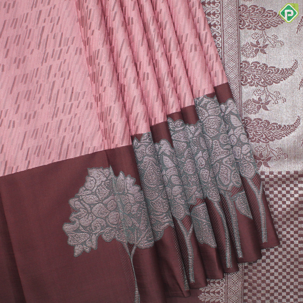 Peach Base Brown and Bamboo Cuts design Maroon brown Border Trendy Designer Silk Saree