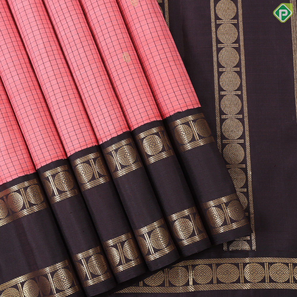 peach orange with brown checks gold zari rudraksham butta contrast rettapet border retro traditional silk saree