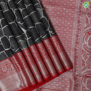 Black colour Silver Zari Checks Design Chilly Red Floral Mayilkan Border Design Luxury Black silk Saree