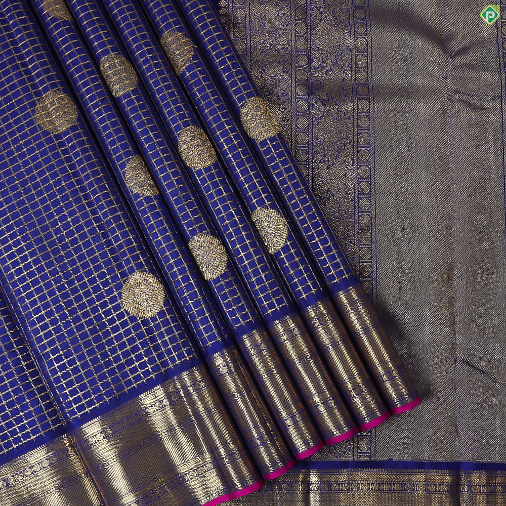 Royal Blue With Gold Zari Small Checked Gold Zari Multi Line Border Exclusive Bridal Silk Saree