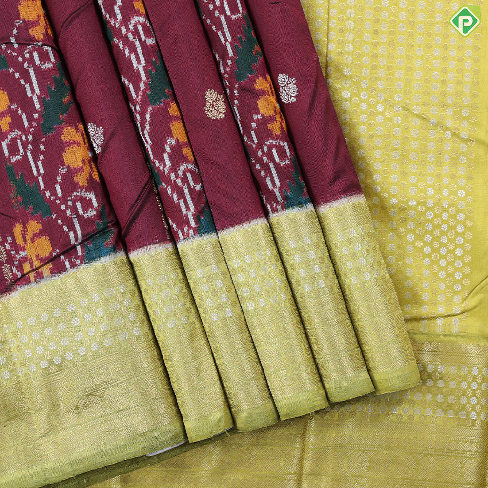Wine maroon gold zari stripes ikkat design contrast kelly green silver gold zari flower butta border ikkat silk saree