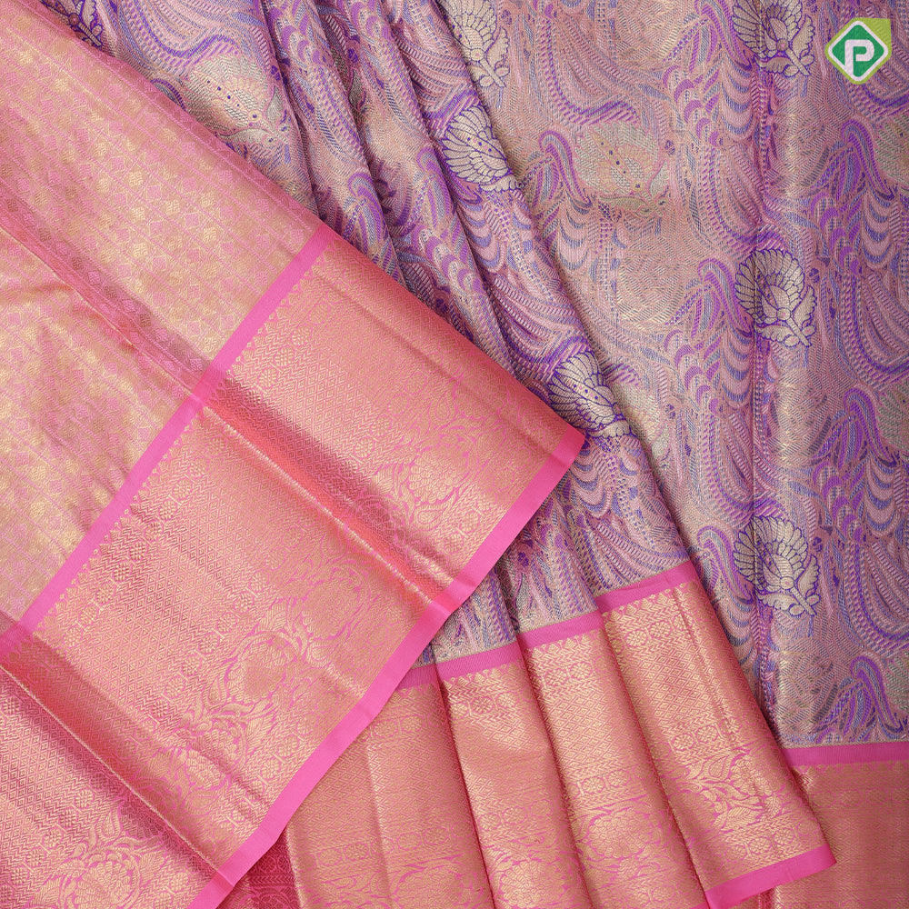 Orange and green base silver gold zari fancy design leaf green gold zari rangoli border pattu paavadai lehanka