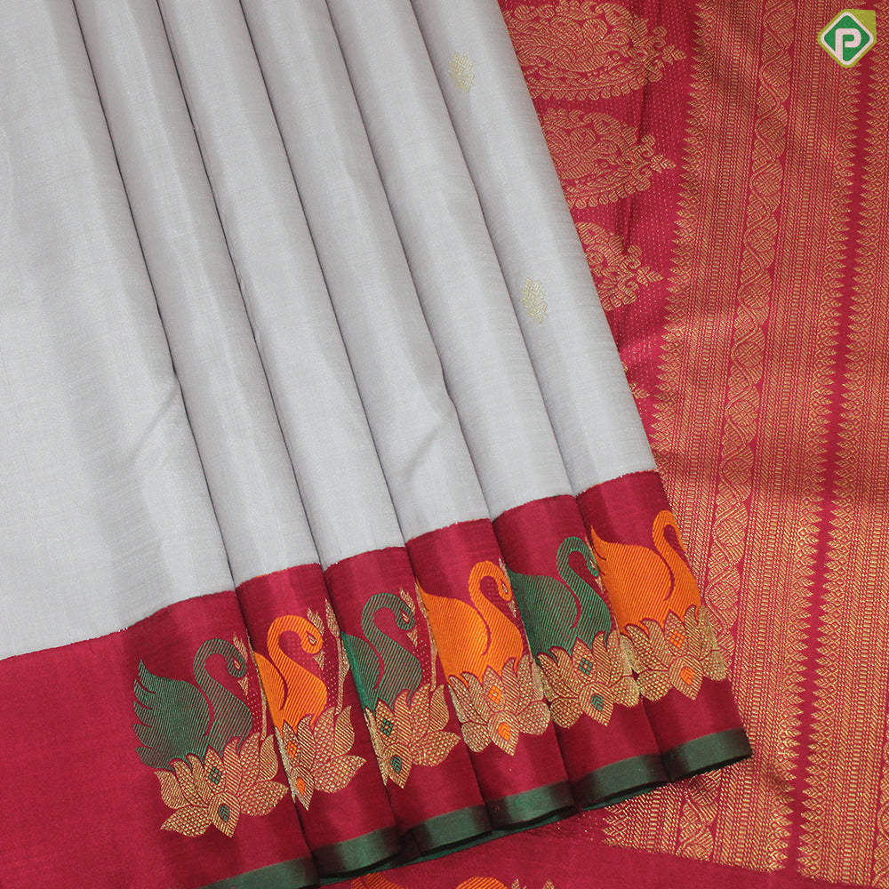 Peach Cream Gold Zari Motif With Tomato Red Meena Work Border Traditional Silk Saree