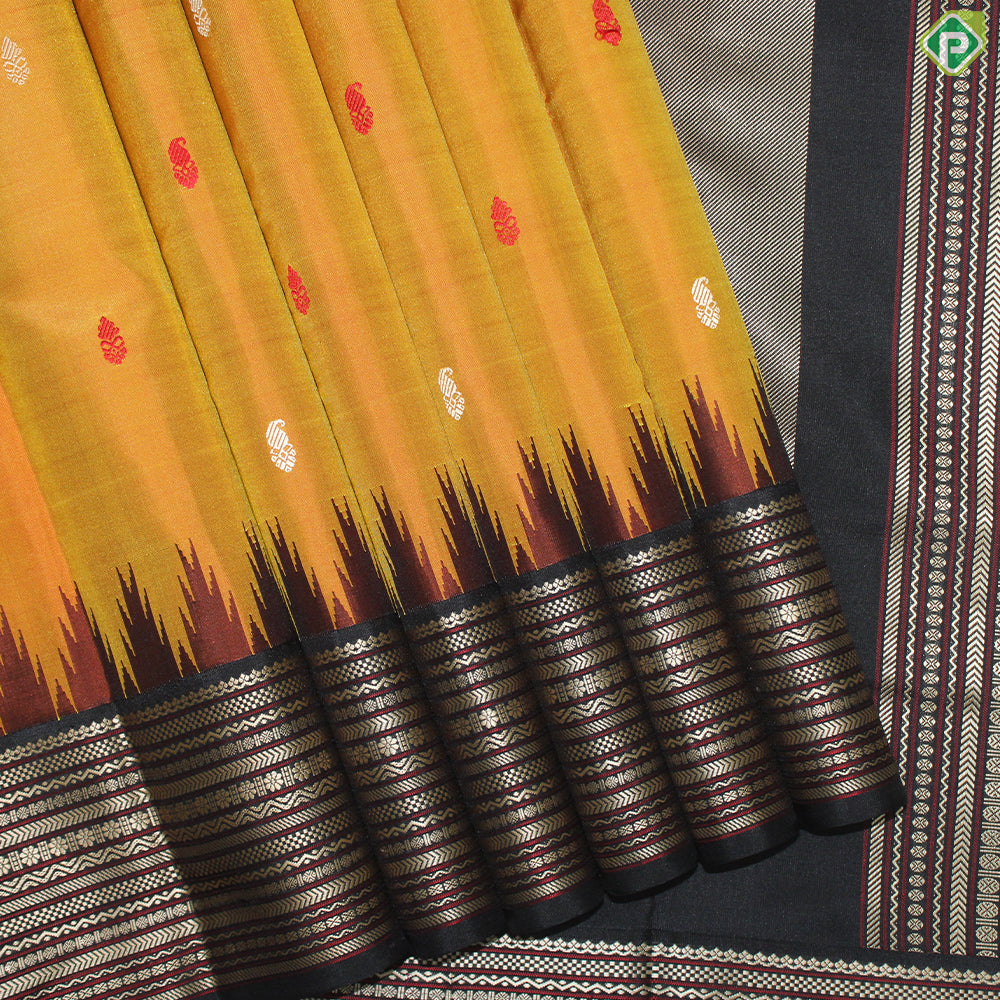 Mustard Mango and Flower Motif With Block Color Temple Design Border Traditional Silk Saree