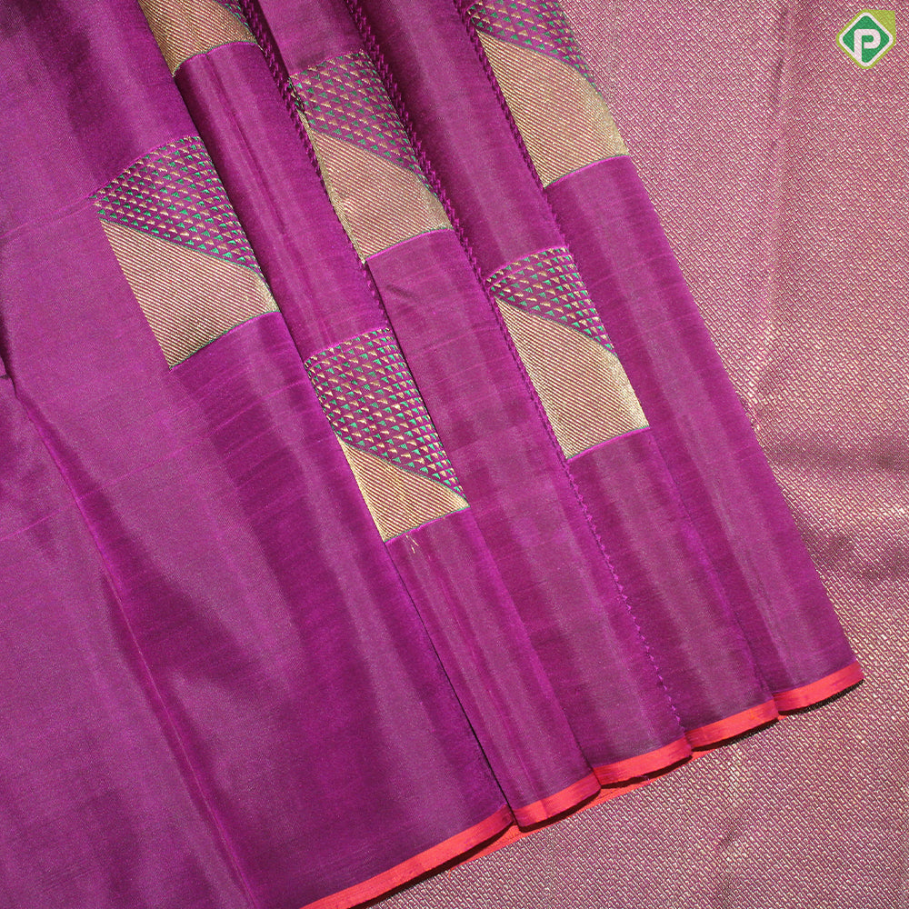 Red Violet Gold Zari Checked Design Border Less Trendy Silk Saree