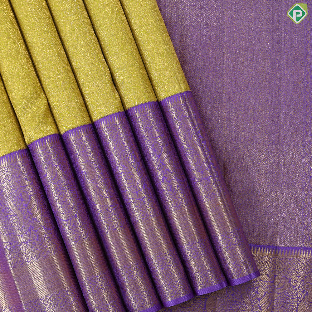 Lemon Green Grand weaved Contrast Lavender Border Exclusive Bridal silk saree