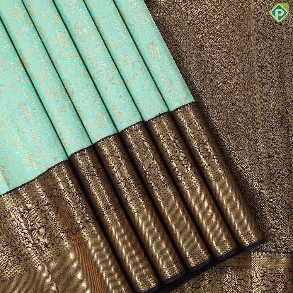 Pista green gold zari grand floral design contrast purple blue gold zari mango rangoli butta border bridal silk saree