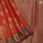 Rust Orange Gold Zari Butta Design Brown Floral Border Design Soft Art Saree