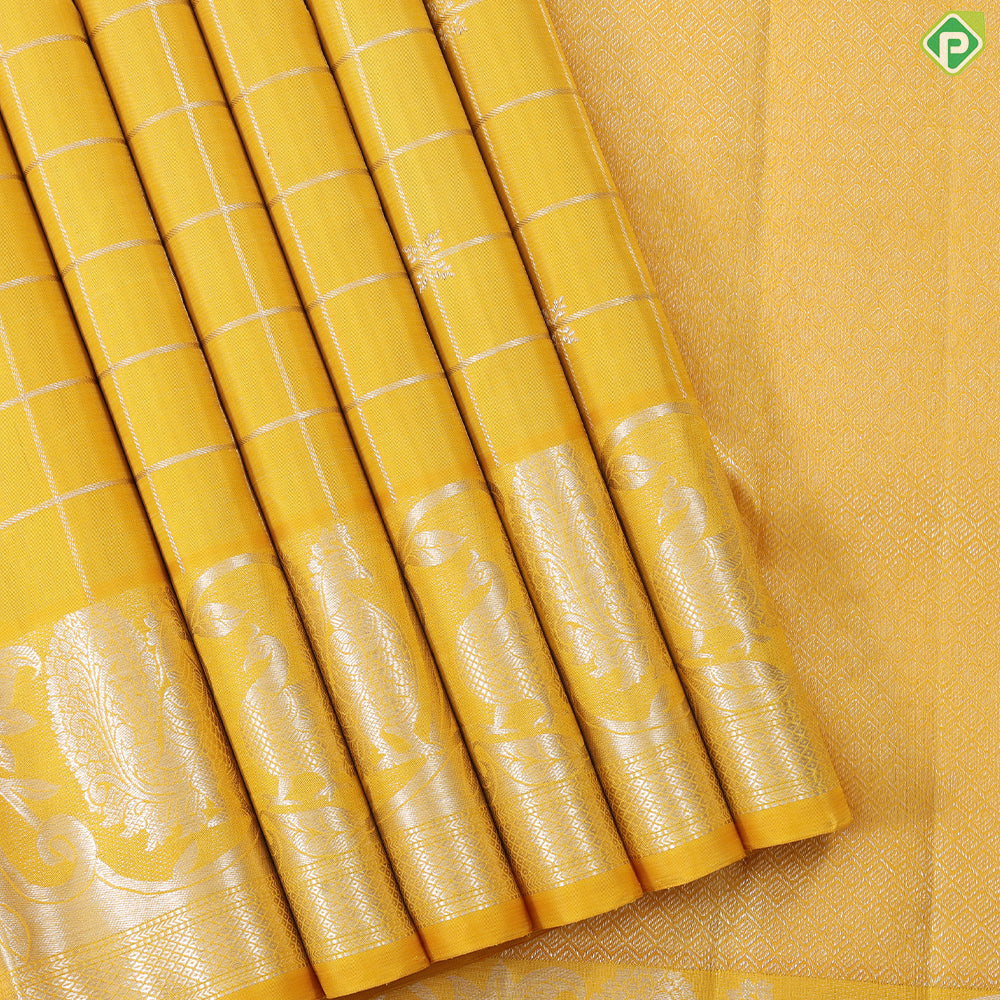 Cyber Yellow silver gold zari kattam (checkered) self peacock and creeper border Traditional silk saree