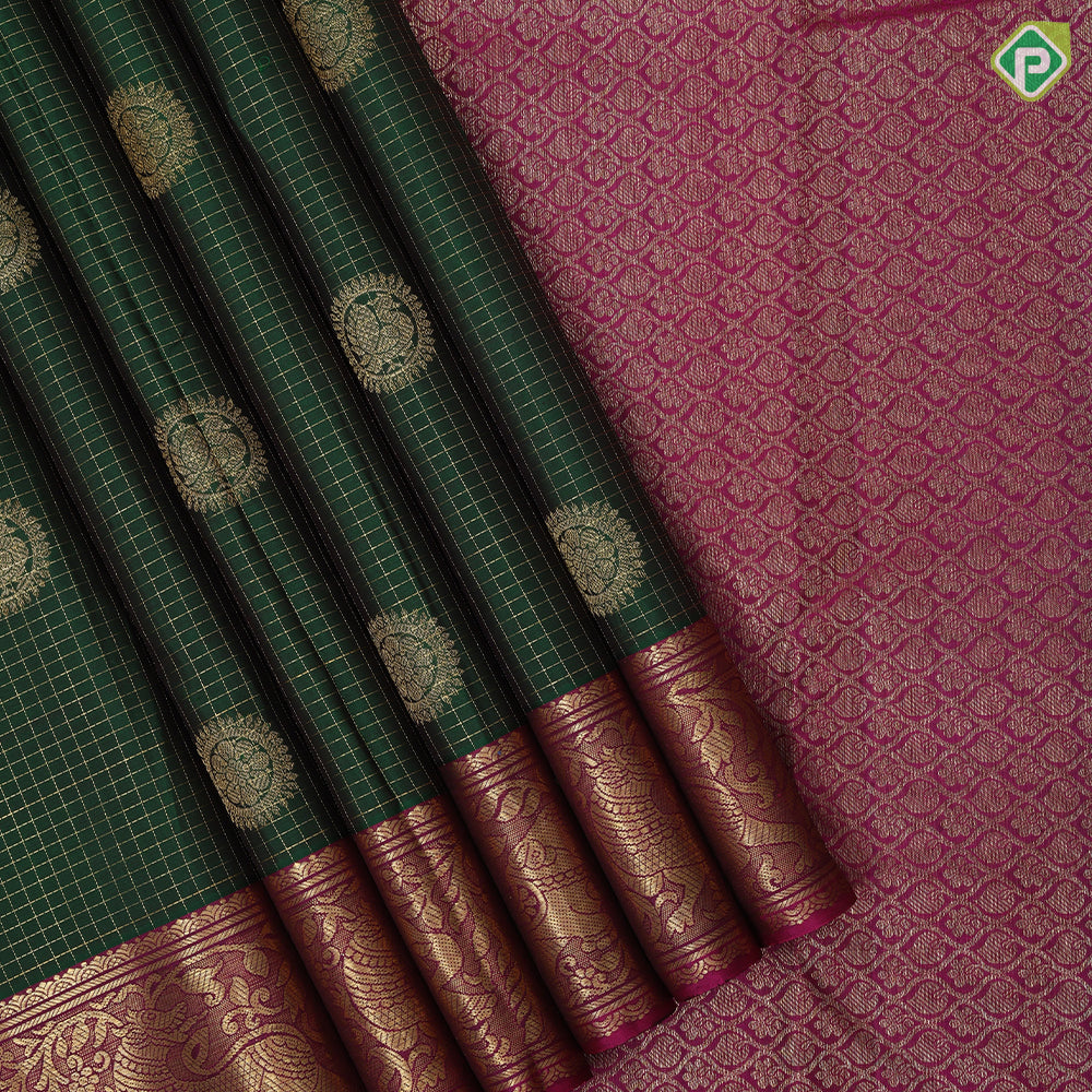 Bottle Green Gold Zari Small Checks Chagaram Butta Magenta Colour Elephant Yali Border Design Traditional Silk Saree
