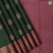 Bottle Green Gold Zari Small Checks Chagaram Butta Magenta Colour Elephant Yali Border Design Traditional Silk Saree