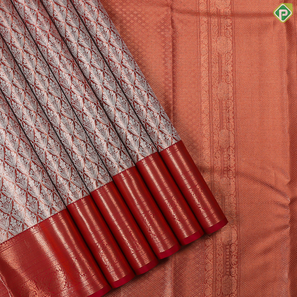Magenta Copper With Silver Zari Fancy Flower Organized Rangoli Design Border Grand Tissue Silk Saree