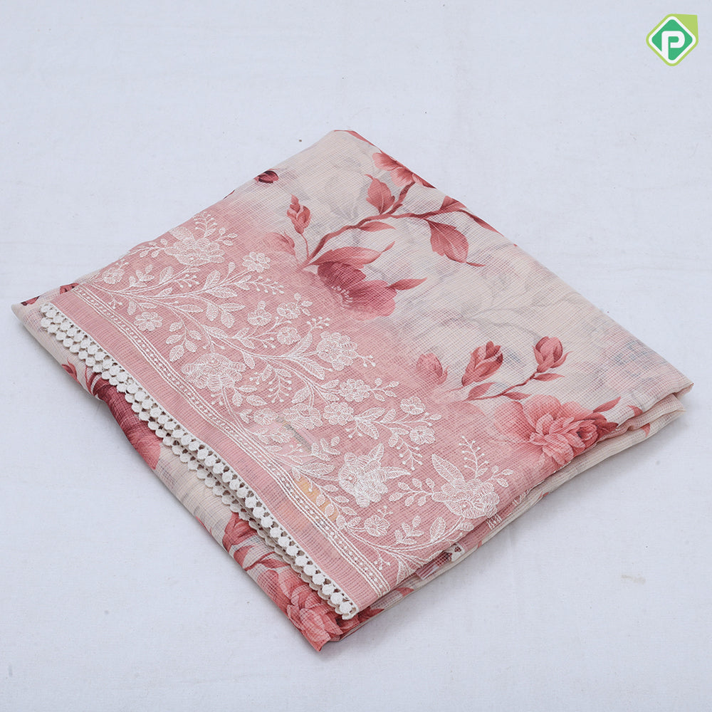 white base digital floral printed design embroidered cut work border fancy cotton saree