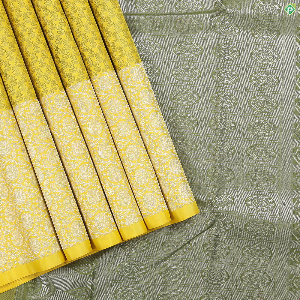 Lemon Yellow With Sage Green Soft Silk Thread Diya Design High Border Trendy Designer Silk Saree