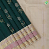 Bottle Green Gold Zari Flower Design Cream Colour Peacock Chagaram Border Design Traditional Silk Saree