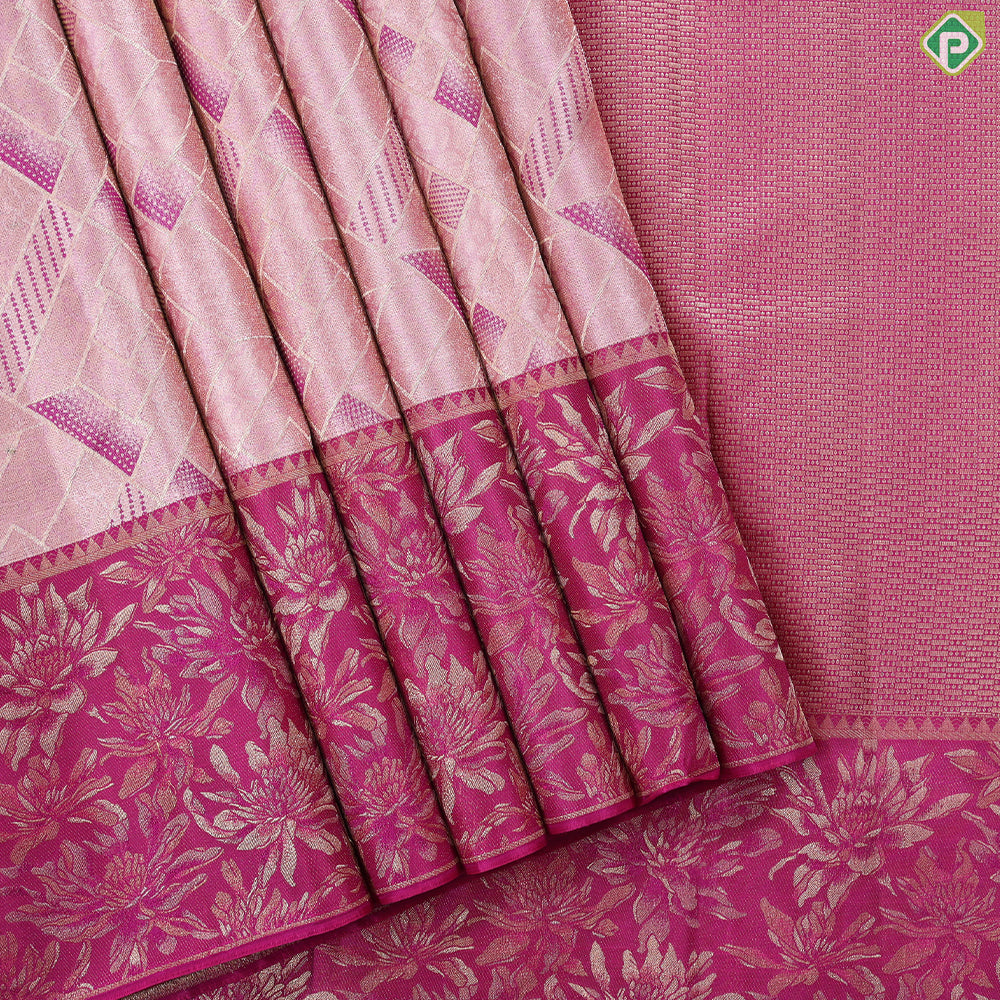 Onion pink gold zari geometric design Rani pink gold zari fancy flower border trendy tissue silk saree