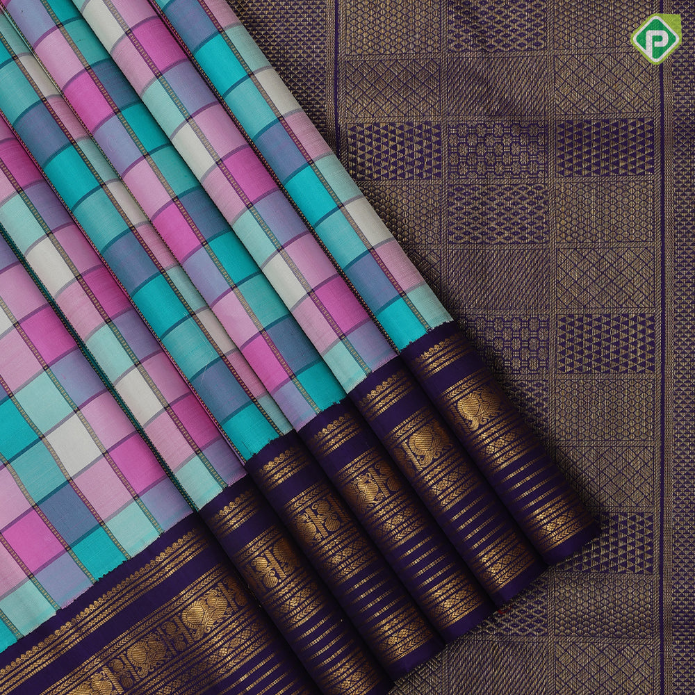Multi color Paalum Pazhamum zari kattam Design royal blue gold zari multi design lines border traditional silk saree