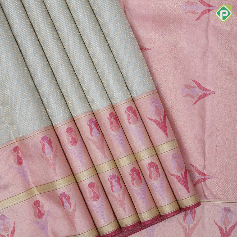 Clacier Gray Gold Zari Brocade Design Baby Pink Rose Flower Border Design Trending Fancy Silk Saree